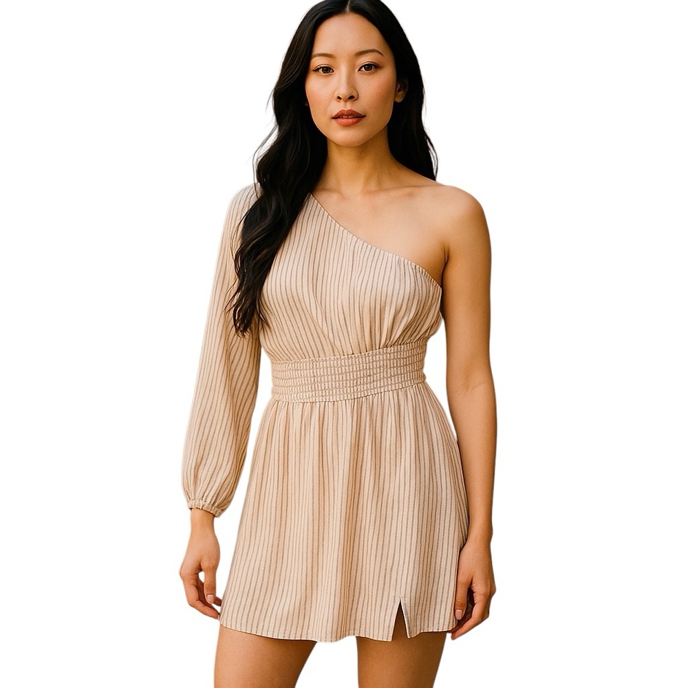 Abercrombie & Fitch Dress Large Asymmetrical One-Shoulder Summer Mini Beige Tan